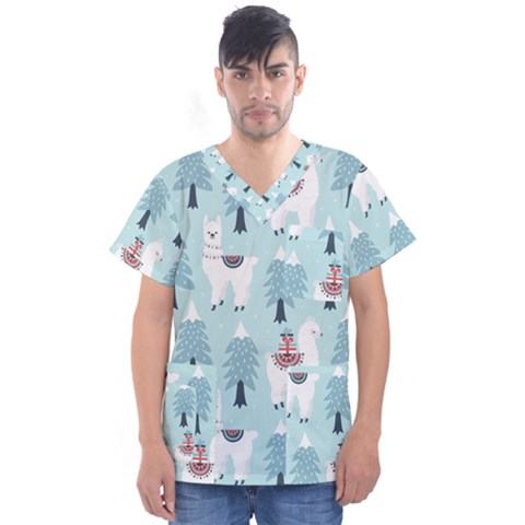 Christmas Tree Cute Lama With Gift Boxes Seamless Pattern Men s V-neck Scrub Top by Vaneshart