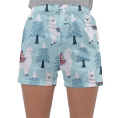 Christmas Tree Cute Lama With Gift Boxes Seamless Pattern Sleepwear Shorts by Vaneshart