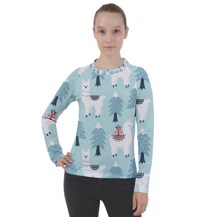 Christmas Tree Cute Lama With Gift Boxes Seamless Pattern Women s Pique Long Sleeve Tee