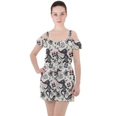 Hand Drawn Pattern Christmas Ruffle Cut Out Chiffon Playsuit by Vaneshart