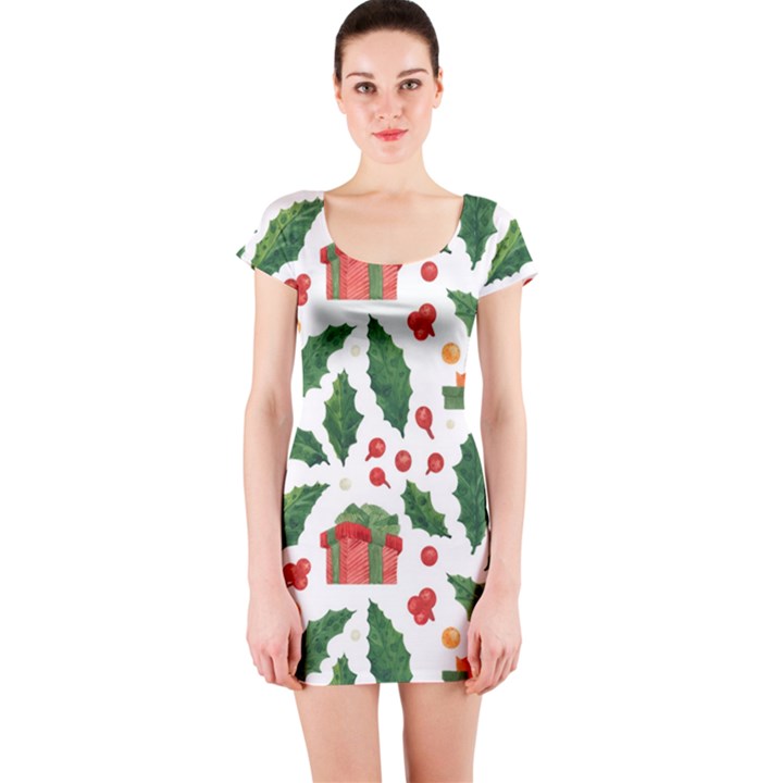 Christmas Seamless Pattern With Holly Red Gift Box Short Sleeve Bodycon Dress