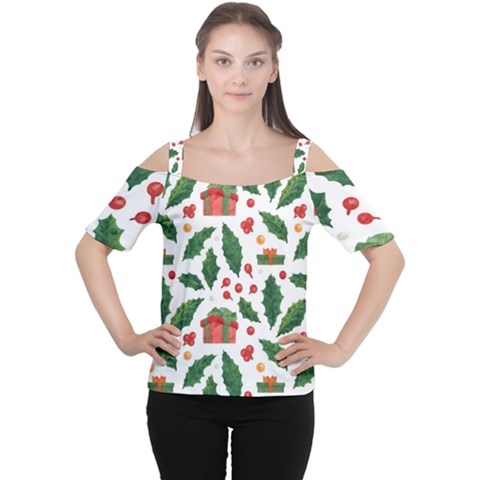 Christmas Seamless Pattern With Holly Red Gift Box Cutout Shoulder Tee by Vaneshart