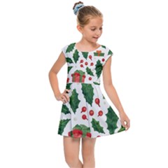 Christmas Seamless Pattern With Holly Red Gift Box Kids  Cap Sleeve Dress by Vaneshart