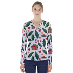 Christmas Seamless Pattern With Holly Red Gift Box V-neck Long Sleeve Top by Vaneshart