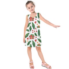 Christmas Seamless Pattern With Holly Red Gift Box Kids  Sleeveless Dress by Vaneshart