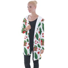 Christmas Seamless Pattern With Holly Red Gift Box Longline Hooded Cardigan by Vaneshart