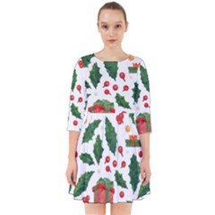 Christmas Seamless Pattern With Holly Red Gift Box Smock Dress by Vaneshart