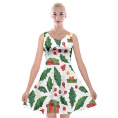 Christmas Seamless Pattern With Holly Red Gift Box Velvet Skater Dress by Vaneshart