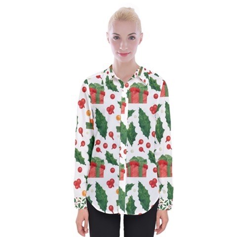 Christmas Seamless Pattern With Holly Red Gift Box Womens Long Sleeve Shirt by Vaneshart