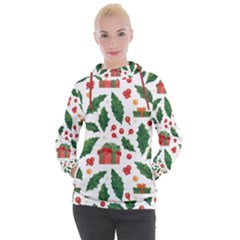 Christmas Seamless Pattern With Holly Red Gift Box Women s Hooded Pullover by Vaneshart