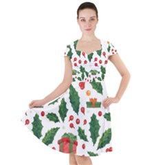 Christmas Seamless Pattern With Holly Red Gift Box Cap Sleeve Midi Dress by Vaneshart