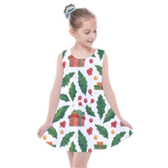 Christmas Seamless Pattern With Holly Red Gift Box Kids  Summer Dress by Vaneshart