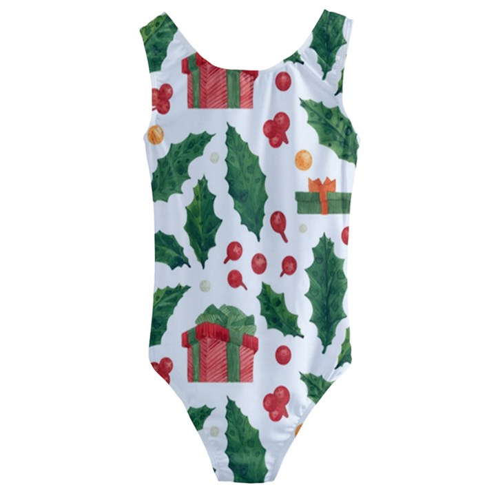 Christmas Seamless Pattern With Holly Red Gift Box Kids  Cut-Out Back One Piece Swimsuit