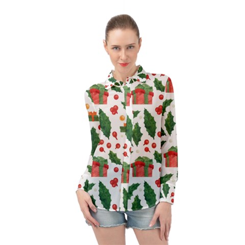 Christmas Seamless Pattern With Holly Red Gift Box Long Sleeve Chiffon Shirt by Vaneshart