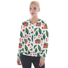 Christmas Seamless Pattern With Holly Red Gift Box Velour Zip Up Jacket