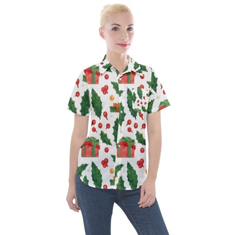 Christmas Seamless Pattern With Holly Red Gift Box Women s Short Sleeve Pocket Shirt by Vaneshart