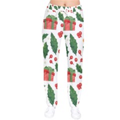 Christmas Seamless Pattern With Holly Red Gift Box Women Velvet Drawstring Pants by Vaneshart