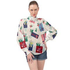 Christmas Gifts Pattern With Flowers Leaves High Neck Long Sleeve Chiffon Top by Vaneshart