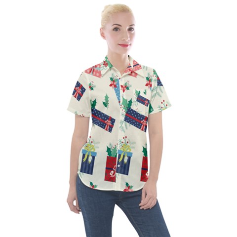 Christmas Gifts Pattern With Flowers Leaves Women s Short Sleeve Pocket Shirt by Vaneshart