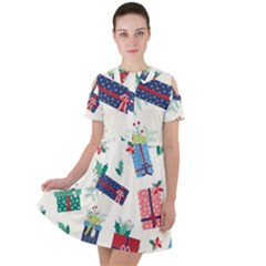 Christmas Gifts Pattern With Flowers Leaves Short Sleeve Shoulder Cut Out Dress  by Vaneshart