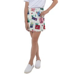 Christmas Gifts Pattern With Flowers Leaves Kids  Tennis Skirt by Vaneshart