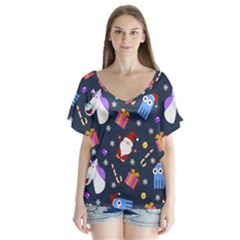 Colorful Funny Christmas Pattern V-neck Flutter Sleeve Top by Vaneshart