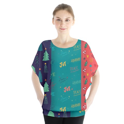 Hand Drawn Christmas Pattern Collection Batwing Chiffon Blouse by Vaneshart