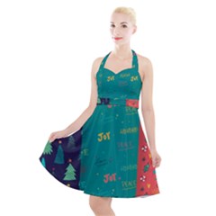 Hand Drawn Christmas Pattern Collection Halter Party Swing Dress  by Vaneshart