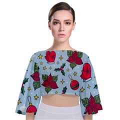 Colorful Funny Christmas Pattern Tie Back Butterfly Sleeve Chiffon Top by Vaneshart