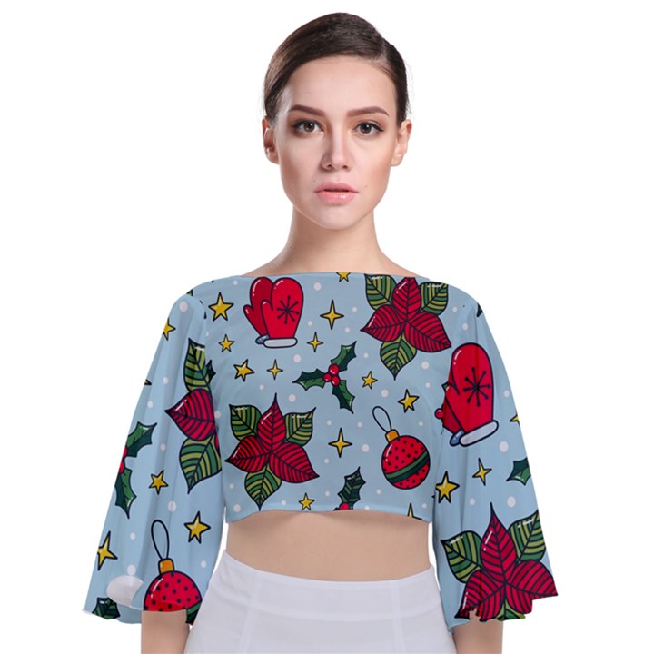 Colorful Funny Christmas Pattern Tie Back Butterfly Sleeve Chiffon Top