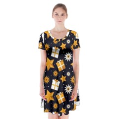 Black Golden Christmas Pattern Collection Short Sleeve V-neck Flare Dress by Vaneshart