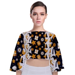 Black Golden Christmas Pattern Collection Tie Back Butterfly Sleeve Chiffon Top by Vaneshart