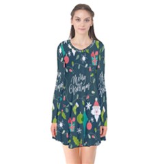 Funny Christmas Pattern Background Long Sleeve V-neck Flare Dress by Vaneshart