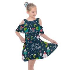 Funny Christmas Pattern Background Kids  Shoulder Cutout Chiffon Dress by Vaneshart