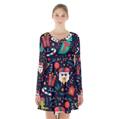 Colorful Funny Christmas Pattern Long Sleeve Velvet V-neck Dress