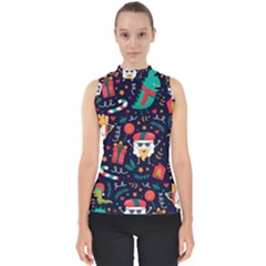 Colorful Funny Christmas Pattern Mock Neck Shell Top