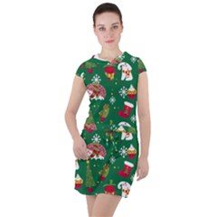 Colorful Funny Christmas Pattern Green Drawstring Hooded Dress by Vaneshart