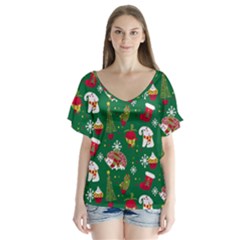 Colorful Funny Christmas Pattern Green V-neck Flutter Sleeve Top by Vaneshart