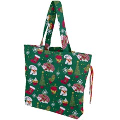 Colorful Funny Christmas Pattern Green Drawstring Tote Bag by Vaneshart