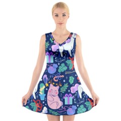 Colorful Funny Christmas Pattern Pig Animal V-neck Sleeveless Dress by Vaneshart