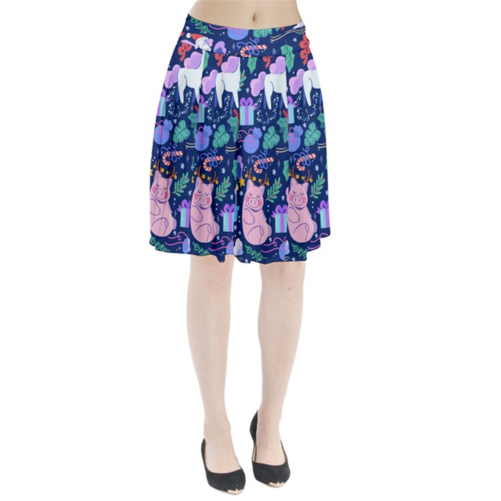 Colorful Funny Christmas Pattern Pig Animal Pleated Skirt