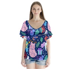 Colorful Funny Christmas Pattern Pig Animal V-neck Flutter Sleeve Top by Vaneshart