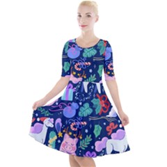 Colorful Funny Christmas Pattern Pig Animal Quarter Sleeve A-line Dress by Vaneshart