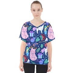 Colorful Funny Christmas Pattern Pig Animal V-neck Dolman Drape Top by Vaneshart