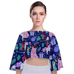 Colorful Funny Christmas Pattern Pig Animal Tie Back Butterfly Sleeve Chiffon Top by Vaneshart