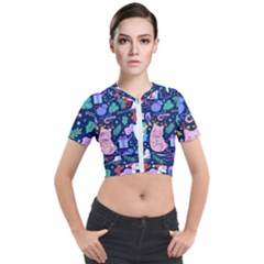 Colorful Funny Christmas Pattern Pig Animal Short Sleeve Cropped Jacket by Vaneshart