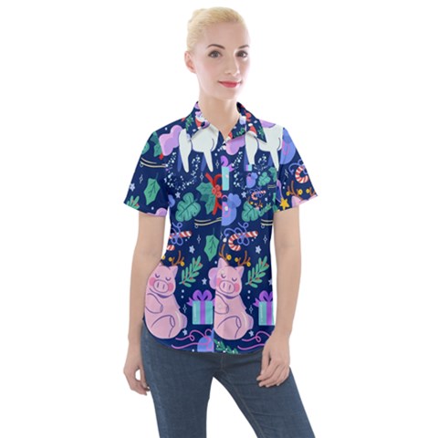 Colorful Funny Christmas Pattern Pig Animal Women s Short Sleeve Pocket Shirt by Vaneshart