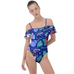 Colorful Funny Christmas Pattern Pig Animal Frill Detail One Piece Swimsuit by Vaneshart