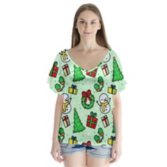 Colorful Funny Christmas Pattern Cartoon V-neck Flutter Sleeve Top by Vaneshart