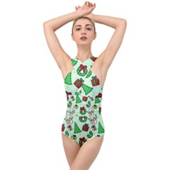 Colorful Funny Christmas Pattern Cartoon Cross Front Low Back Swimsuit by Vaneshart